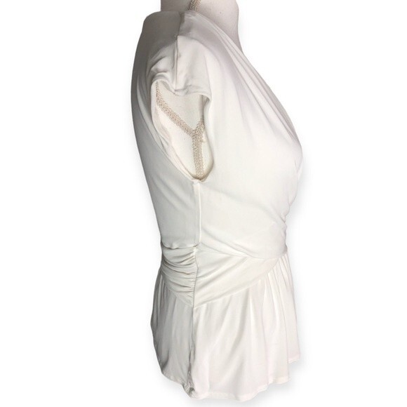 MaxMara Studio White V-neck Peplum Babydoll Mesh Lined Top - Picture 3 of 7